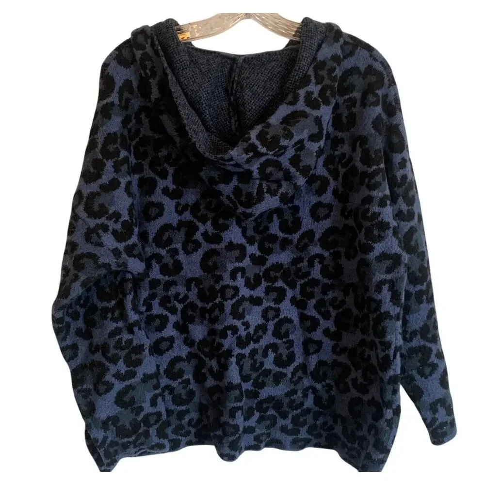 Workshop Republic Women Sz L Blue Black Leopard Cheetah Hooded Pullover Sweater